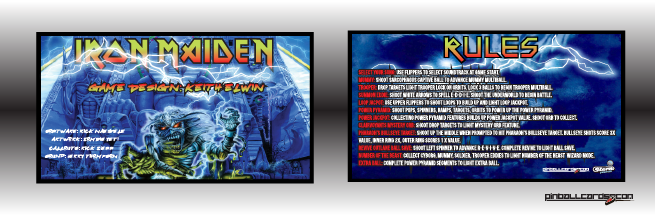 Stern Iron Maiden PRO Pinball Custom Apron Instruction Cards 